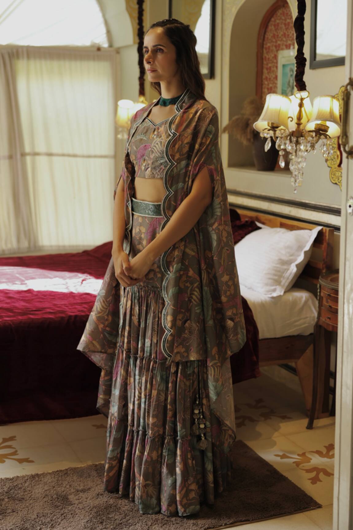 Harsha Khatry Tropical Print Cape Lehenga Set