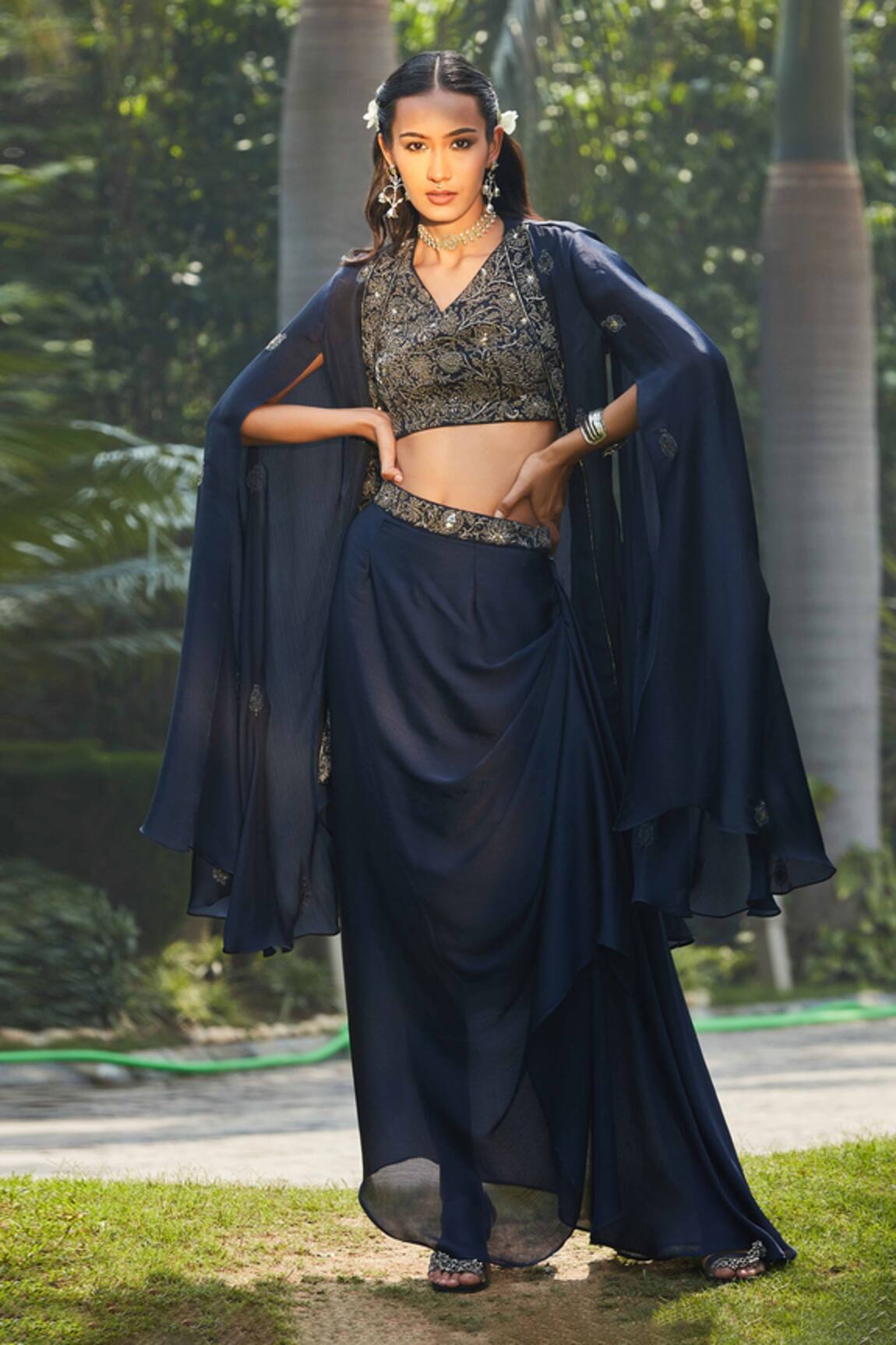 Bohame Nermin Cutdana Embellished Cape Skirt Set