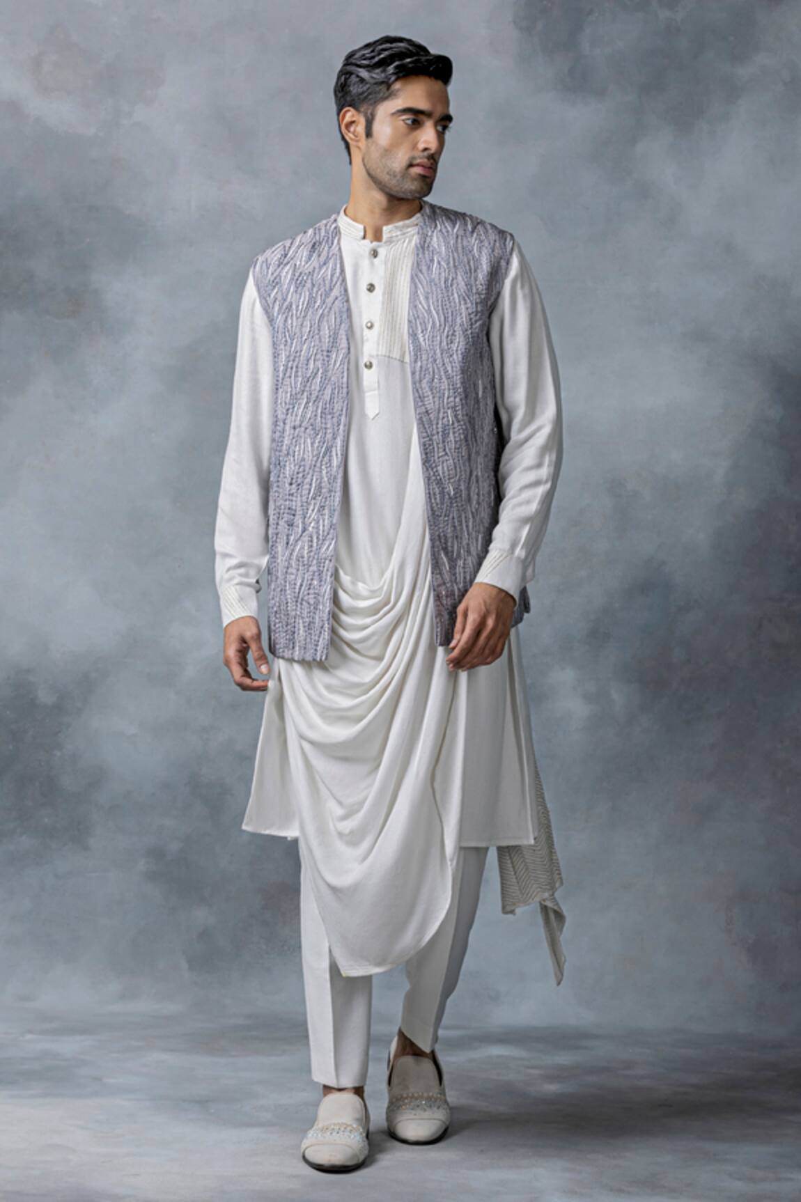 Sarab Khanijou Pearl Work Waist Coat With White Kurta Set