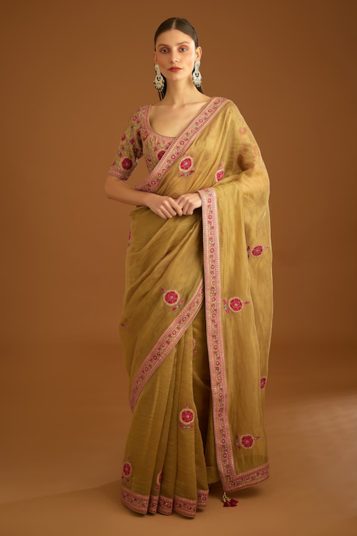 Shyam Narayan Prasad Chanderi Applique Saree With Blouse