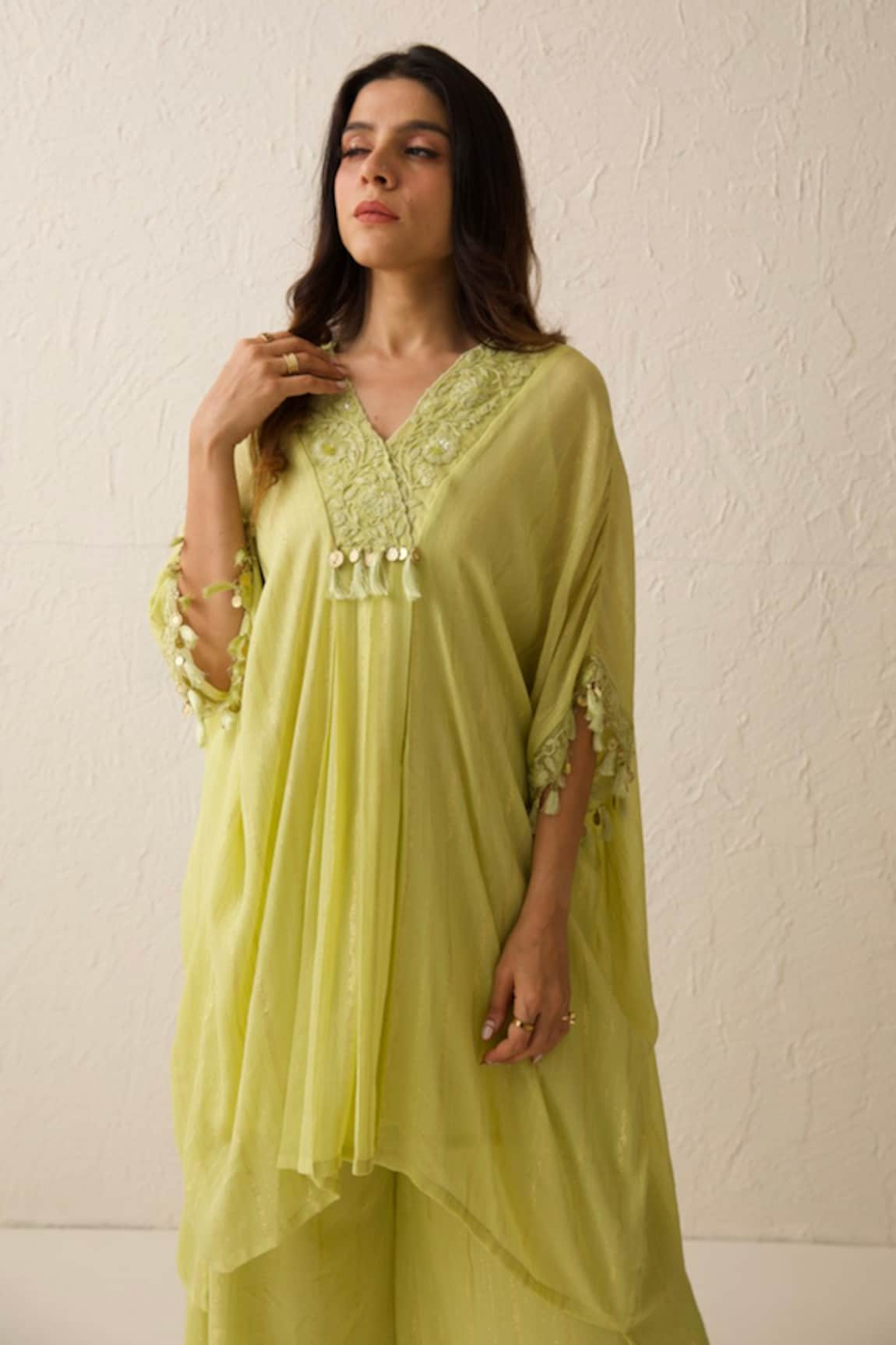 Chandbari Chanderi Asymmetric Kaftan & Flared Pant Set