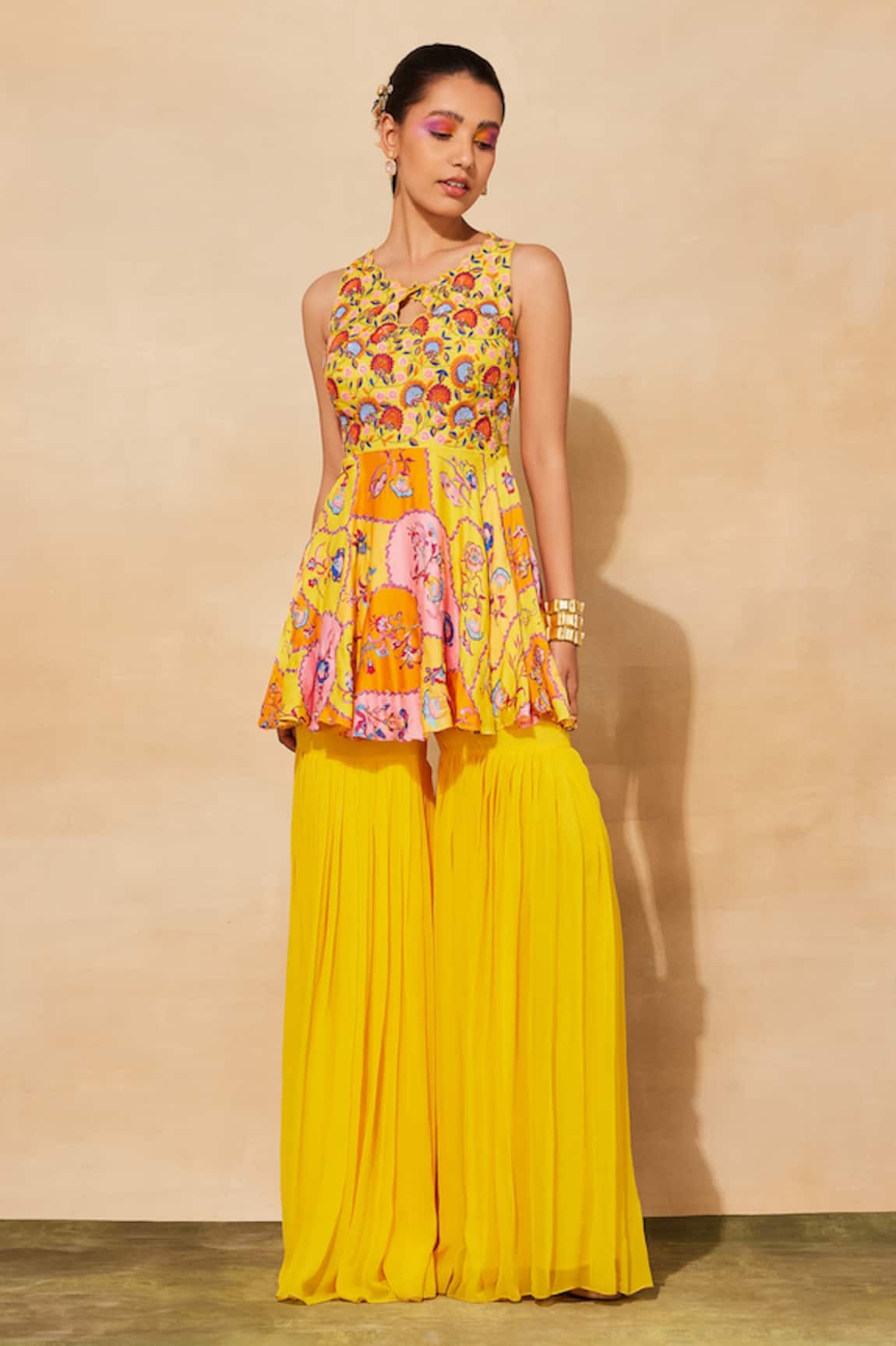 DiyaRajvvir Floral Jaal Embroidered Peplum Top & Gharara Pant Set 