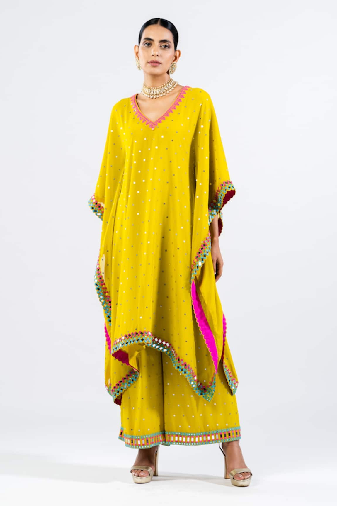 Vvani By Vani Vats Floral Printed Mirror Work Kaftan & Palazzo Set