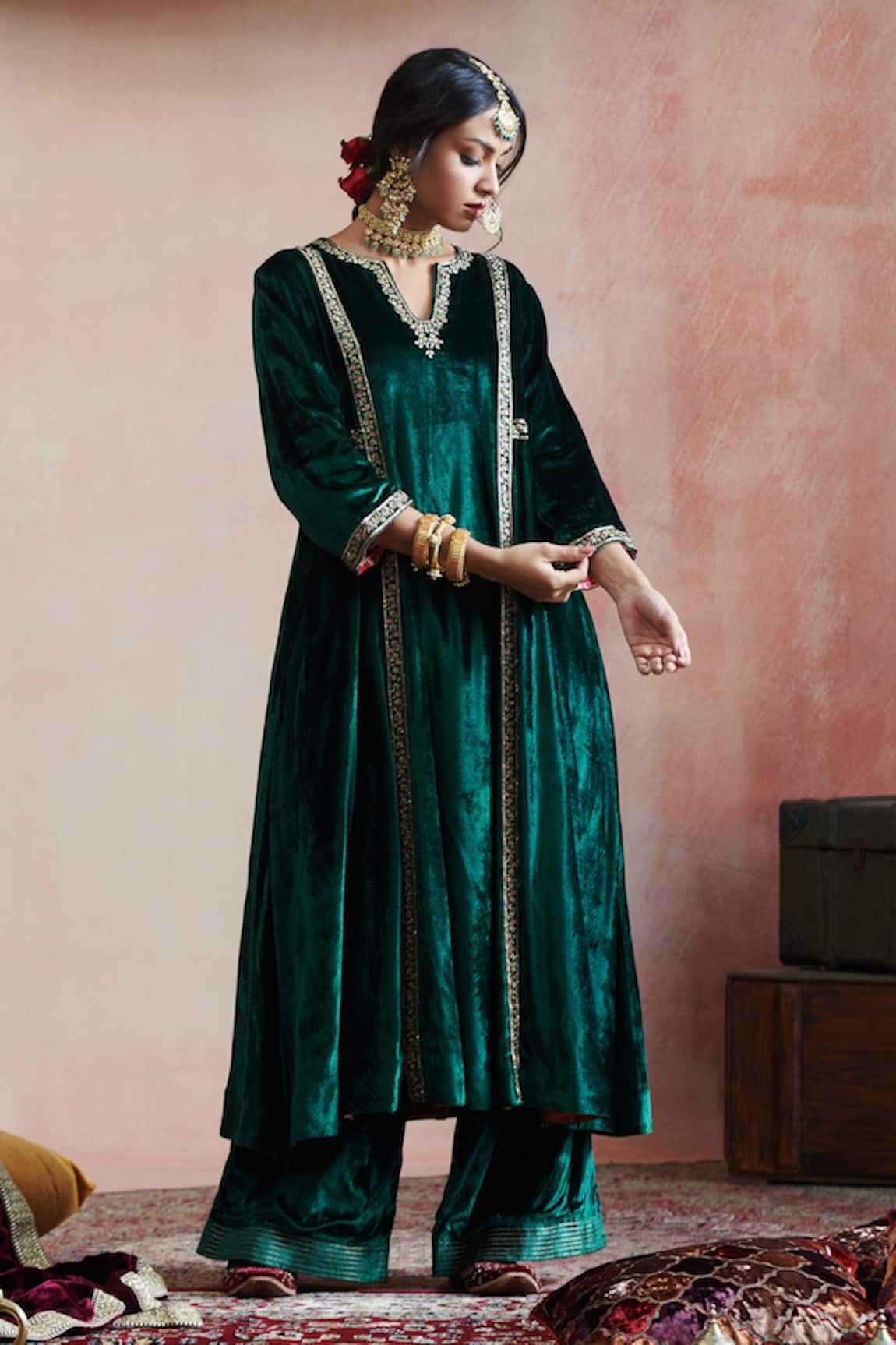 Weaver Story Embroidered Kalidar Kurta & Farshi Pant Set