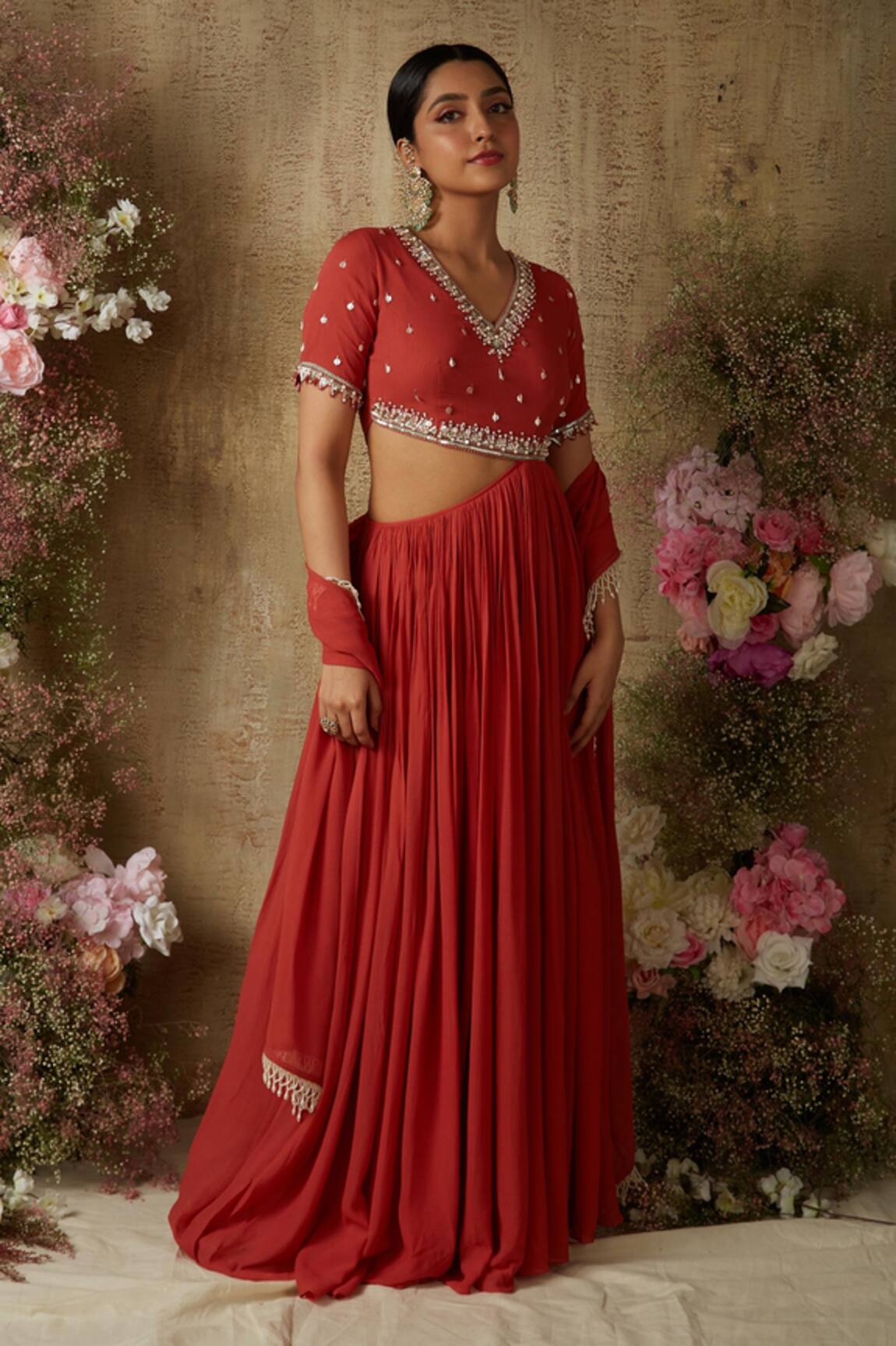 Ria Shah Label Cut-Out Anarkali With Pearl Tasselled Dupatta