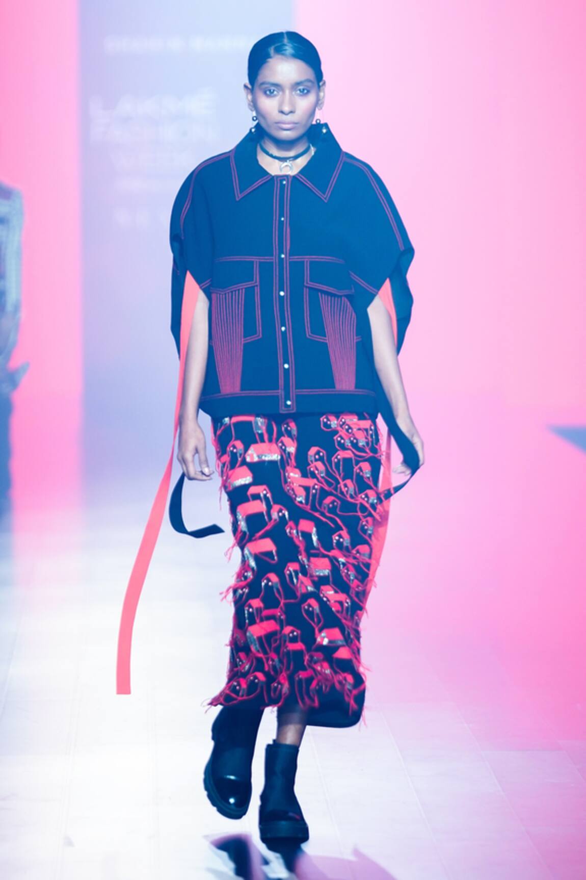 Shahin Mannan Oversize Shirt Jacket With Tiny Houses Pattern Skirt 