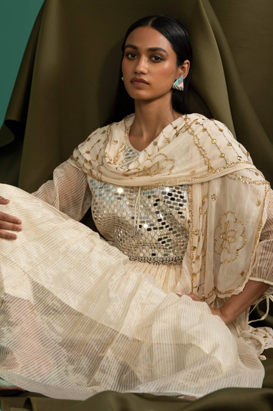 5elements Woven Stripe Pattern Anarkali Set