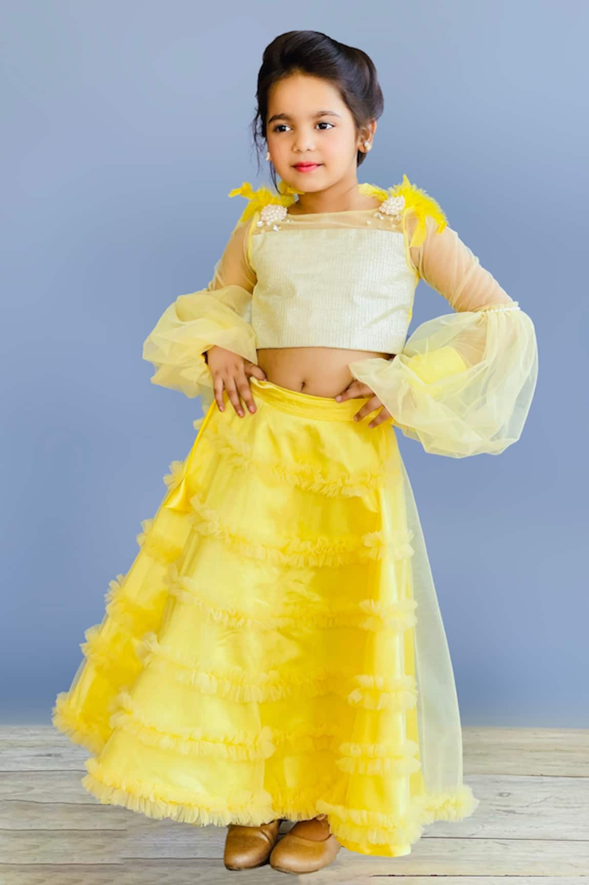 Pinkcow designs pvt ltd Feather Embellished Top & Frill Lehenga Set