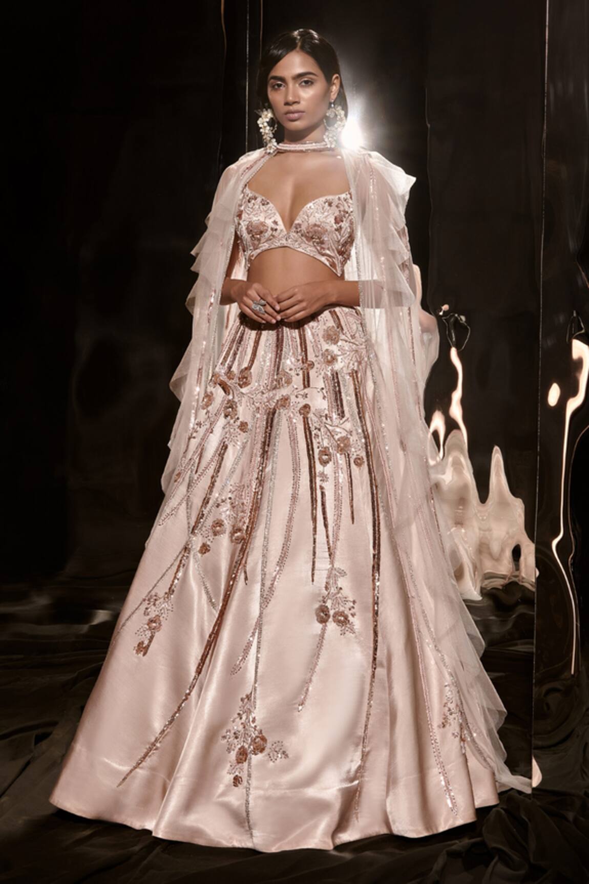 Masumi Mewawalla Sheer Ruffle Cape With Embroidered Lehenga Set