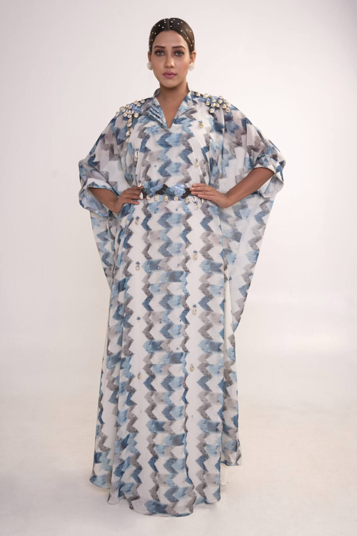 Merge Design Chevron Print Kaftan With Belt