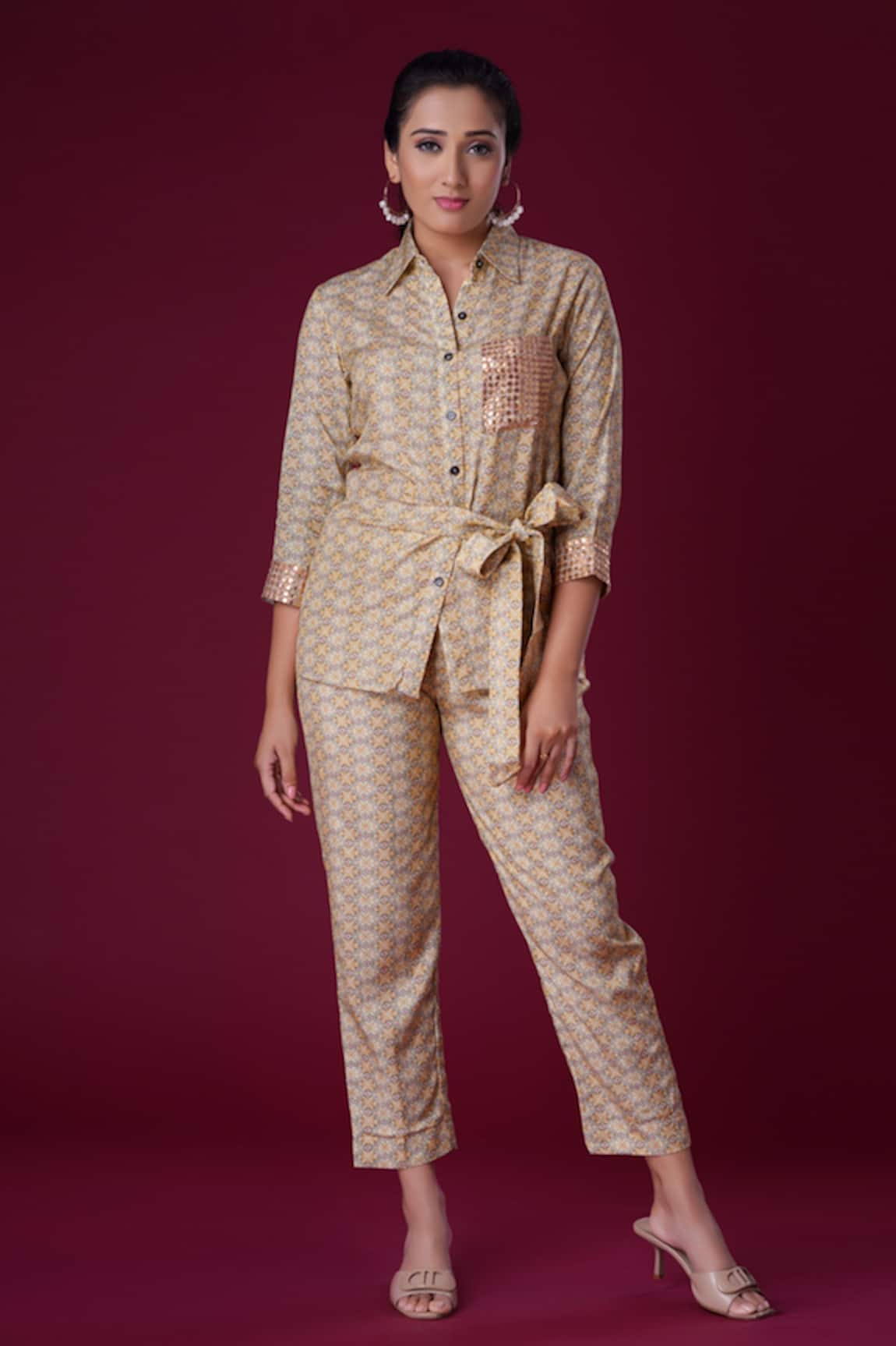Amani Clover Pattern Front Knotted Shirt & Pant Set