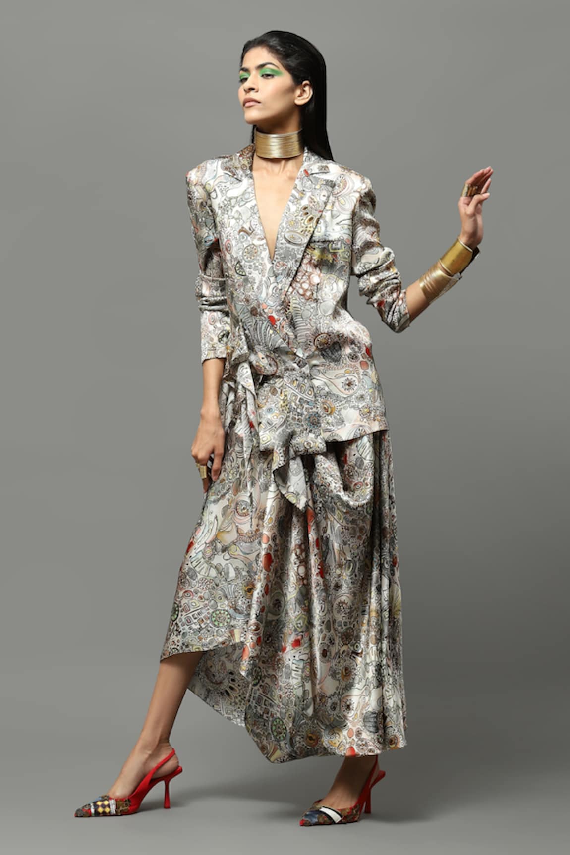 AK-OK Abstract Print Satin Deconstructed Blazer & Skirt Set