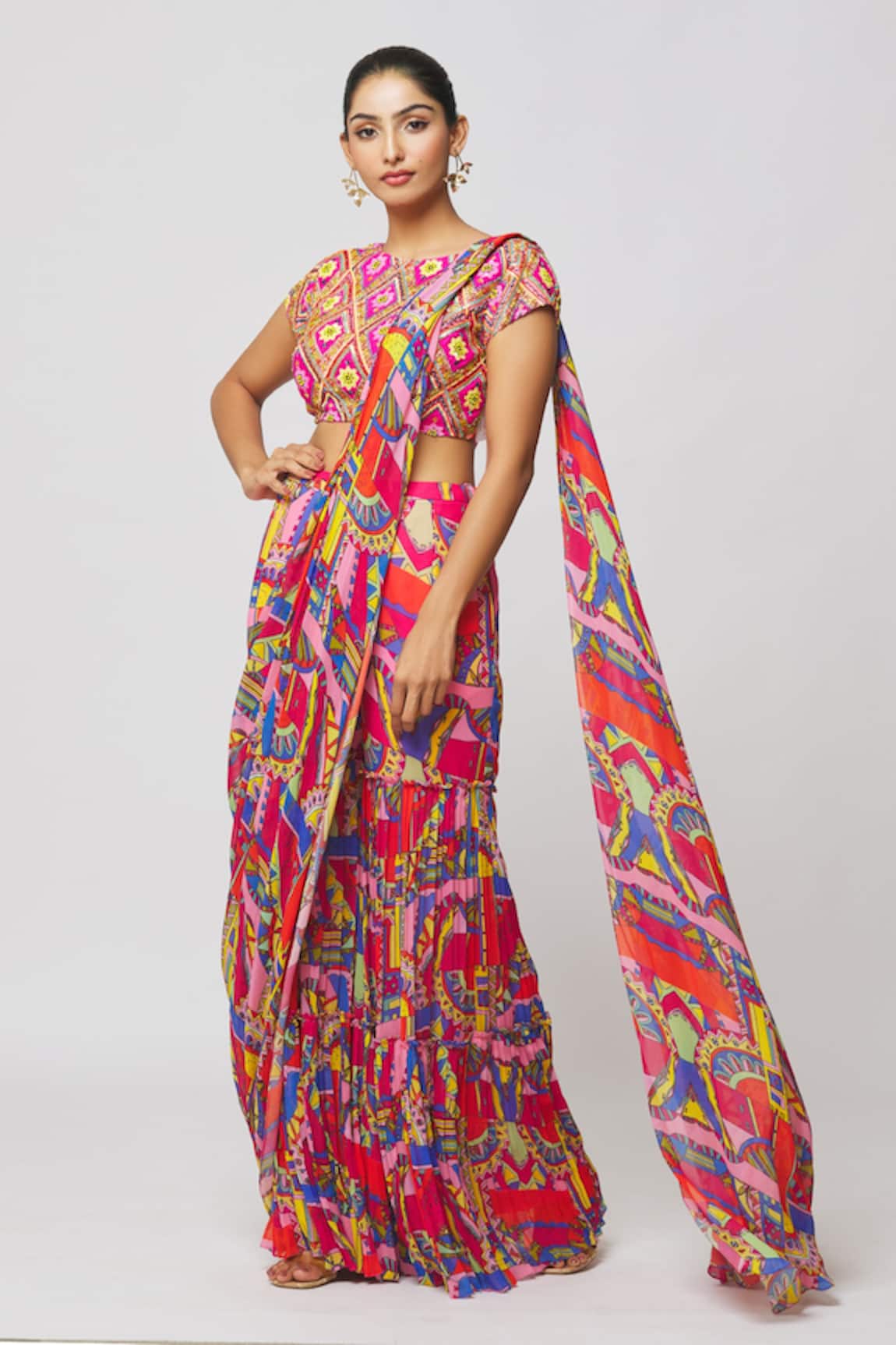 DiyaRajvvir Printed Gharara Saree With Embroidered Blouse 