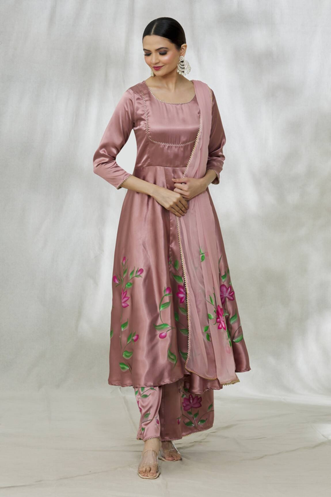 Adara Khan Lotus Handpainted Hem Anarkali Pant Set