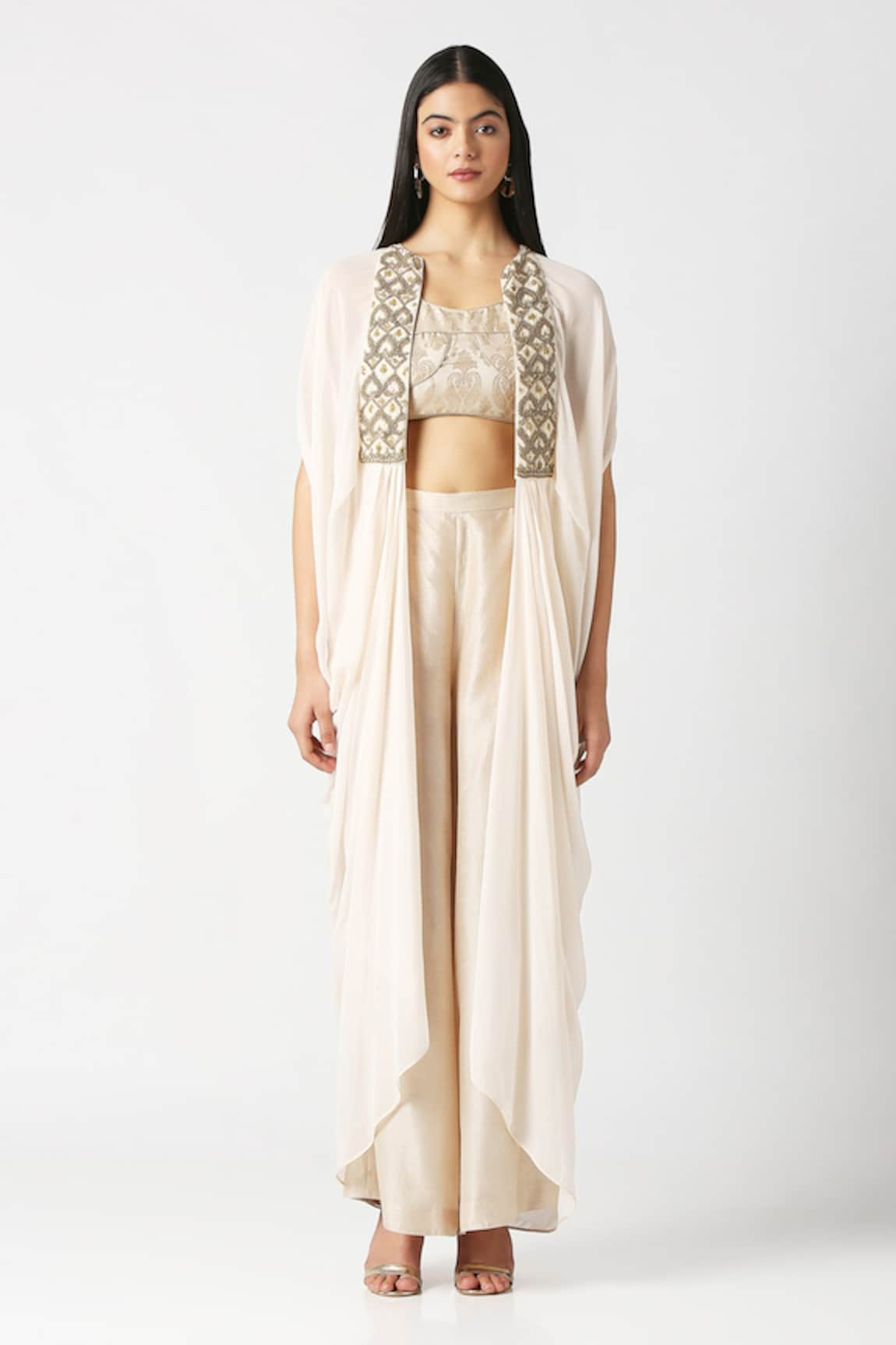 Labbada Embroidered Cape & Brocade Crop Top Palazzo Set