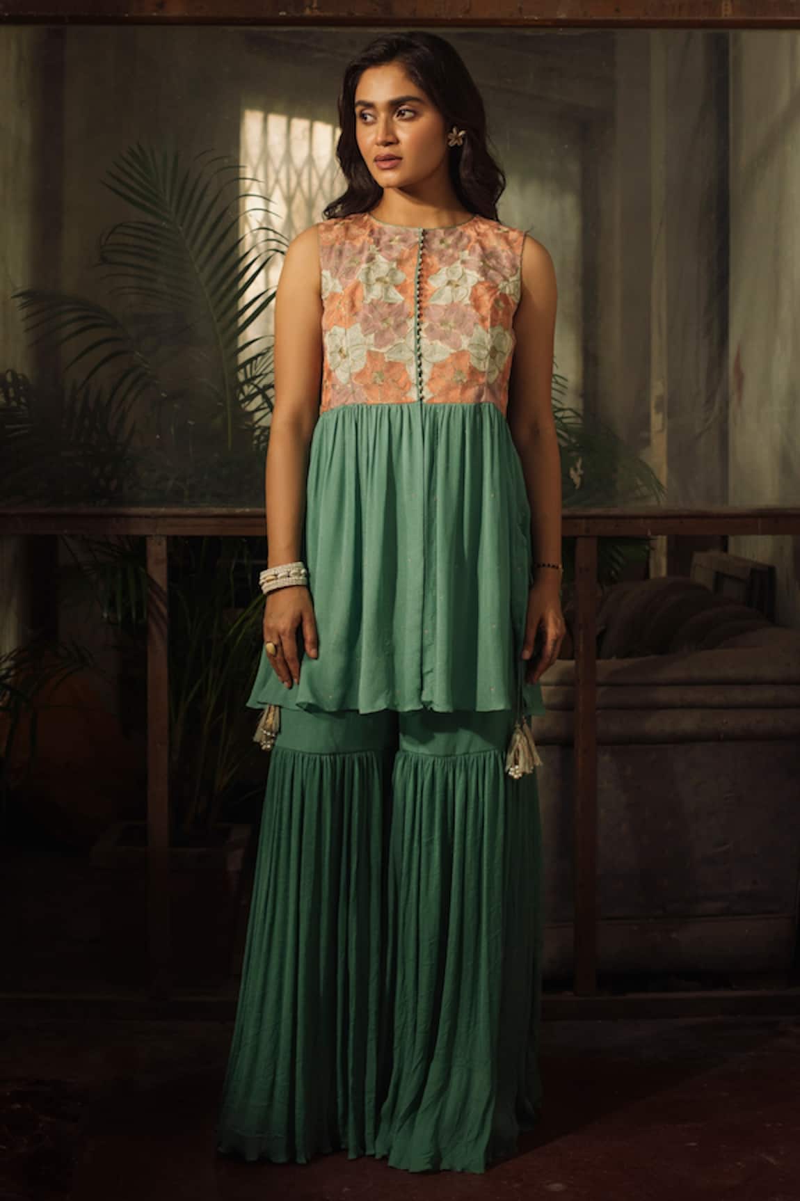 Suave Floral Embroidered Kurta & Sharara Set