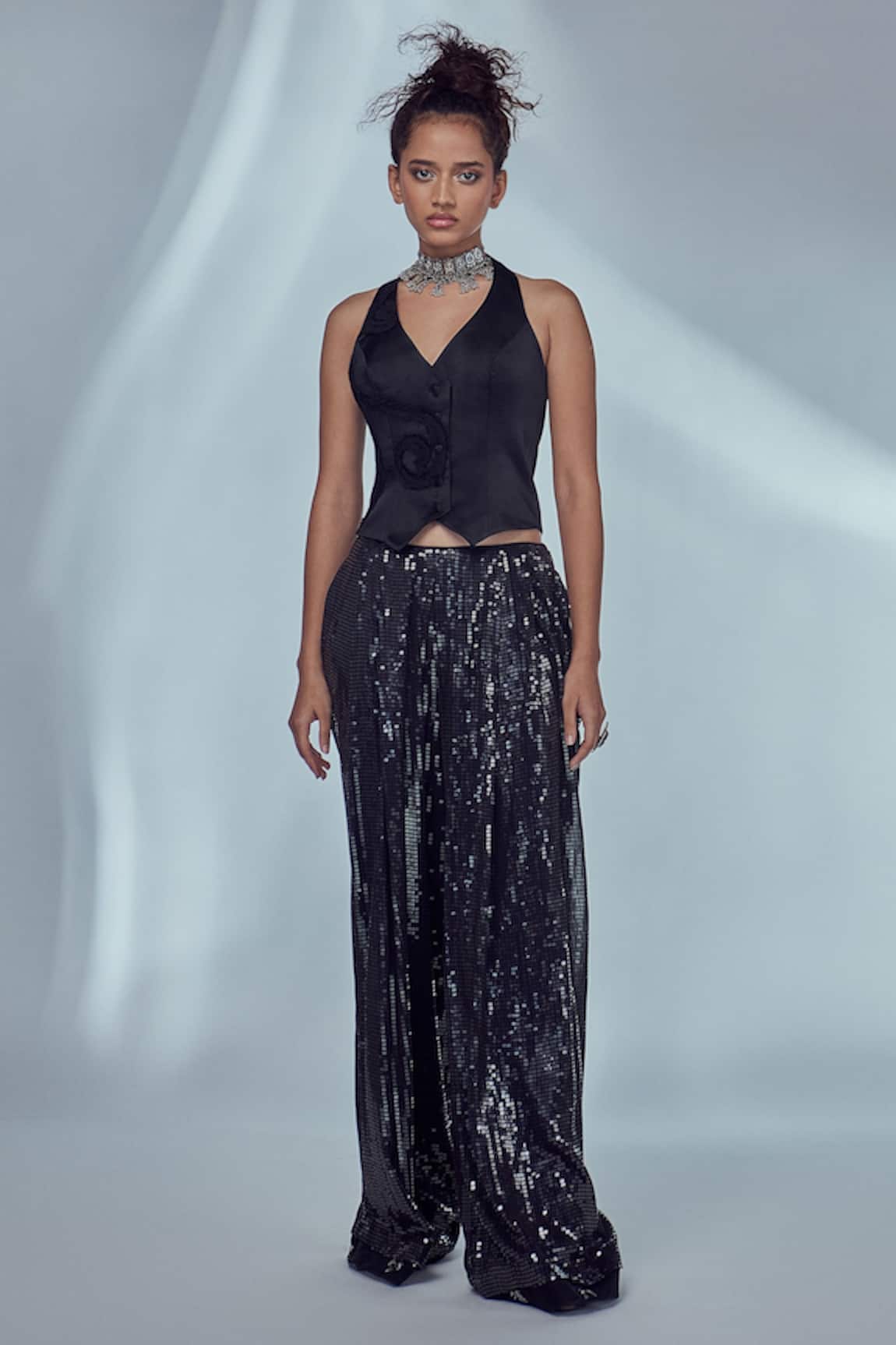 Style Junkiie Satin Ruched Embroidered Waistcoat