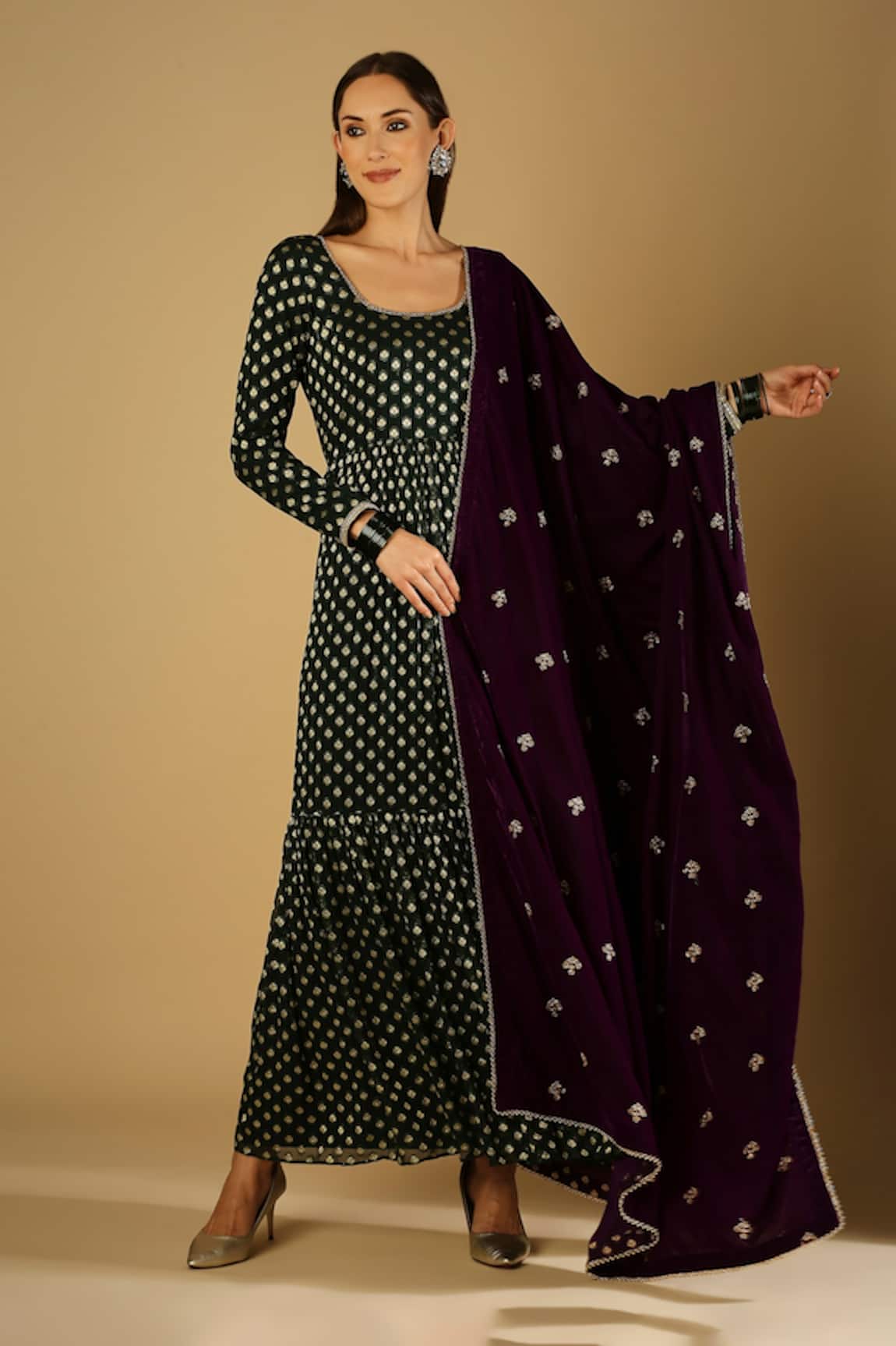 Monk & Mei By Sonia Anand Woven Floral Anarkali Set With Dupatta 