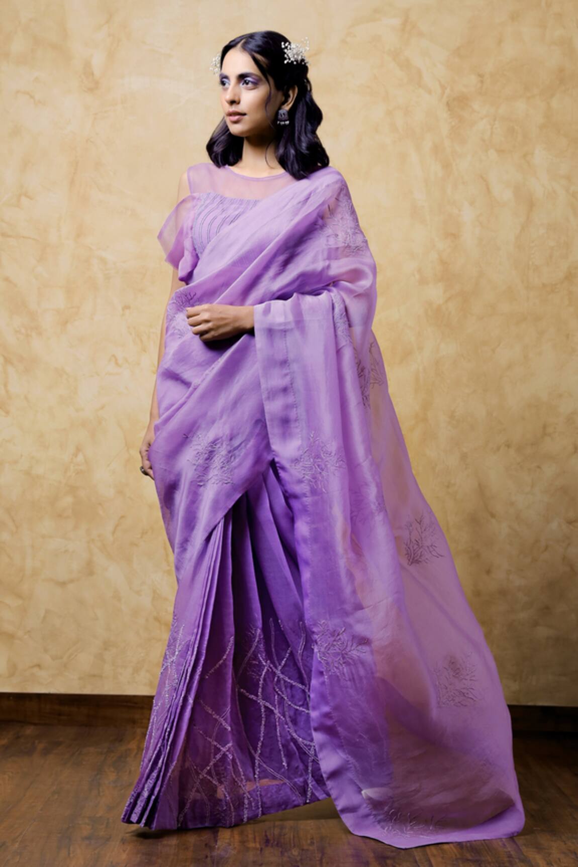 Shilpi Gupta Organza Embroidered Saree With Frill Detail Blouse 