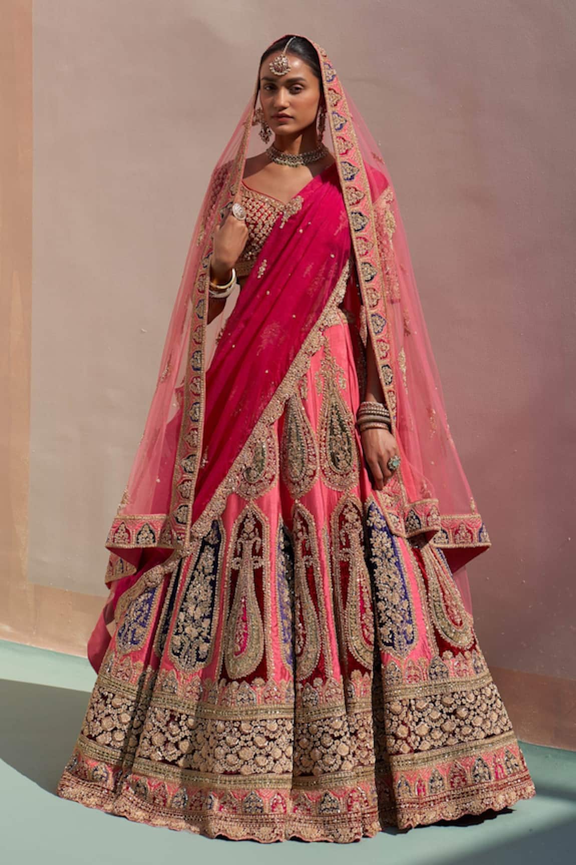 Angad Singh Velvet Applique Embroidered Raw Silk Bridal Lehenga Set 