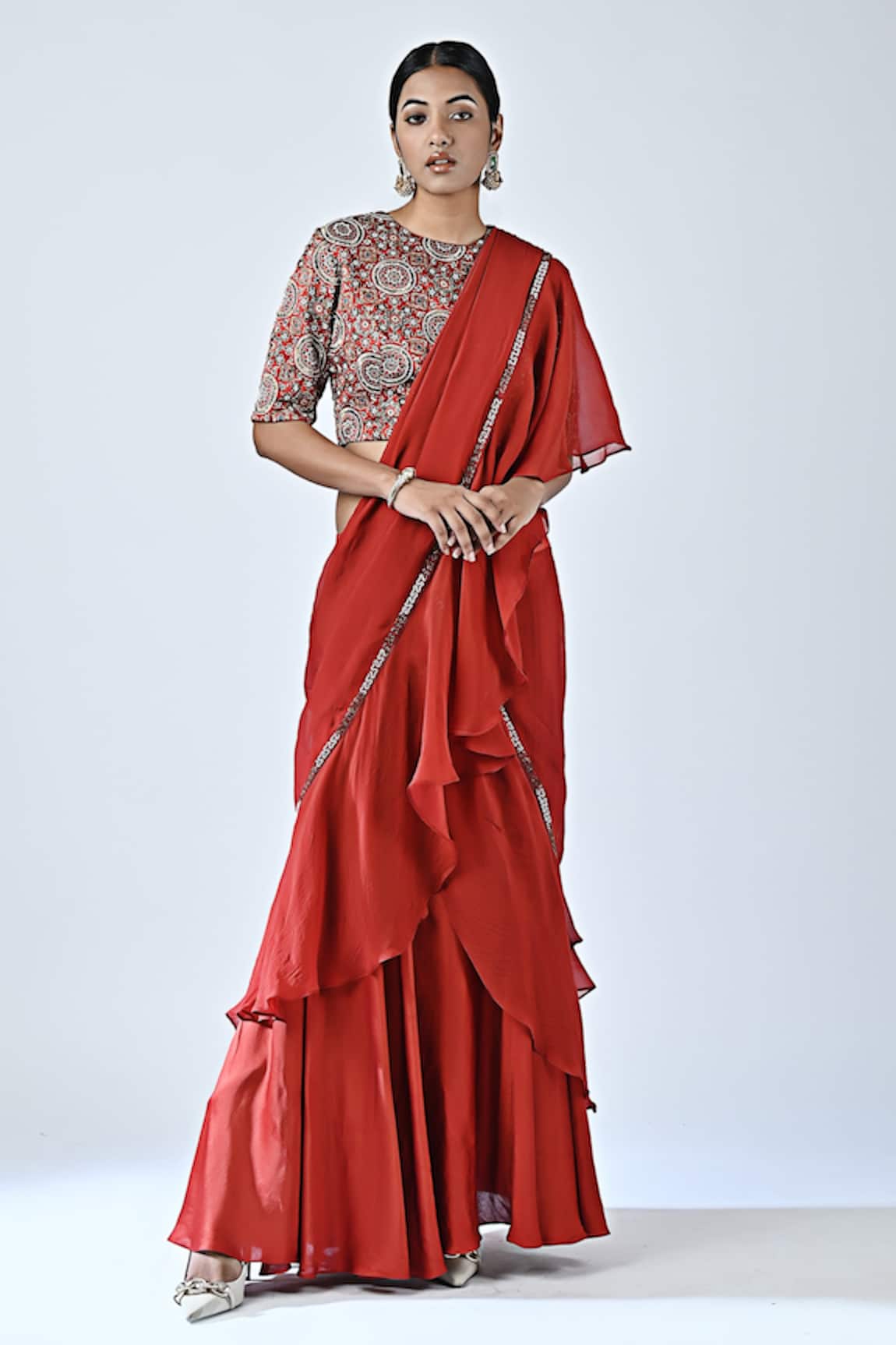Sejal Kamdar Pre-Draped Ruffle Saree With Printed Blouse 