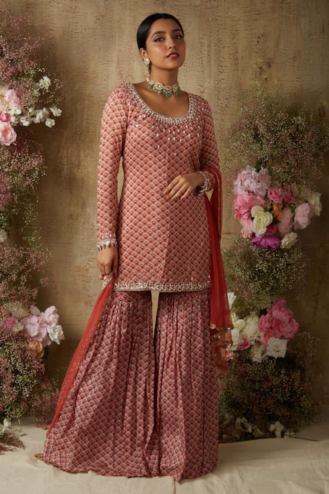 Ria Shah Label Floral Mughal Print Kurta Sharara Set