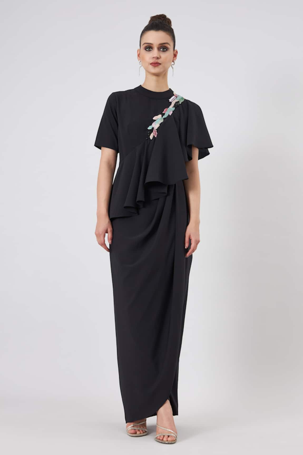 Aakaar Noir Cascade Drape Gown 