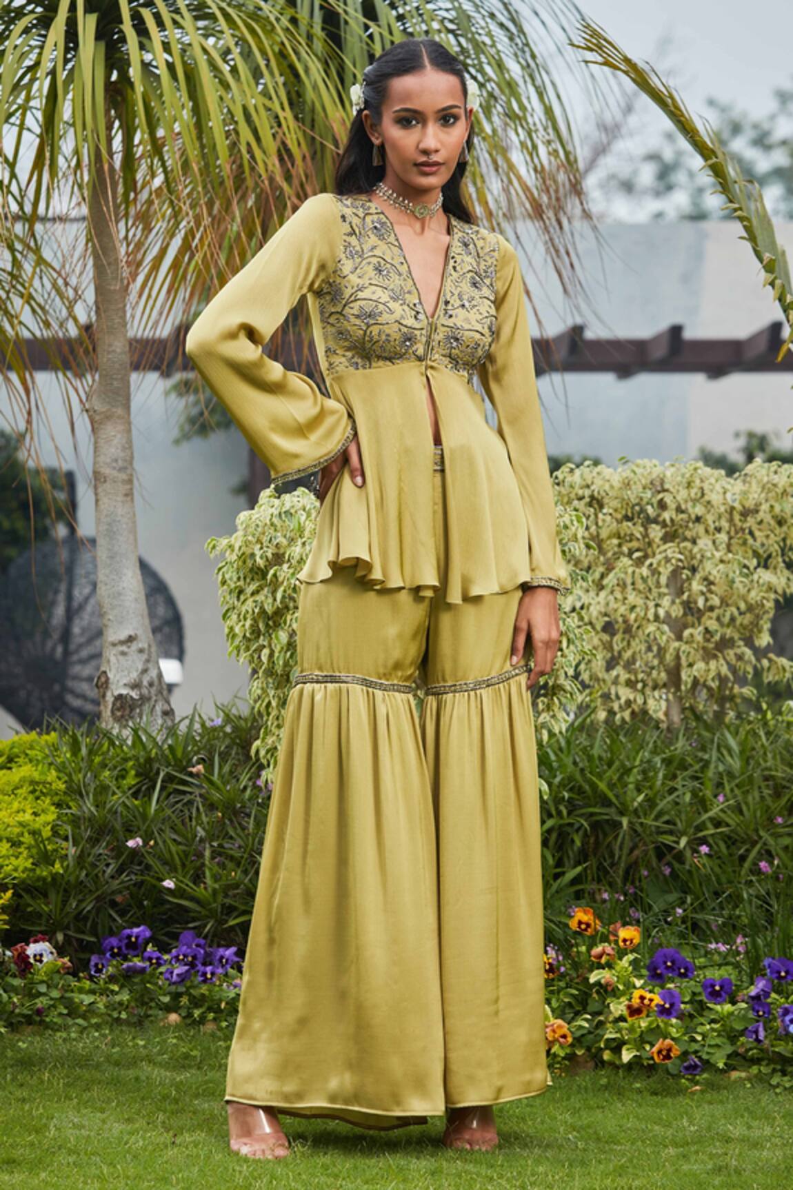 Bohame Aziza Hand Embroidered Top & Sharara Pant Set