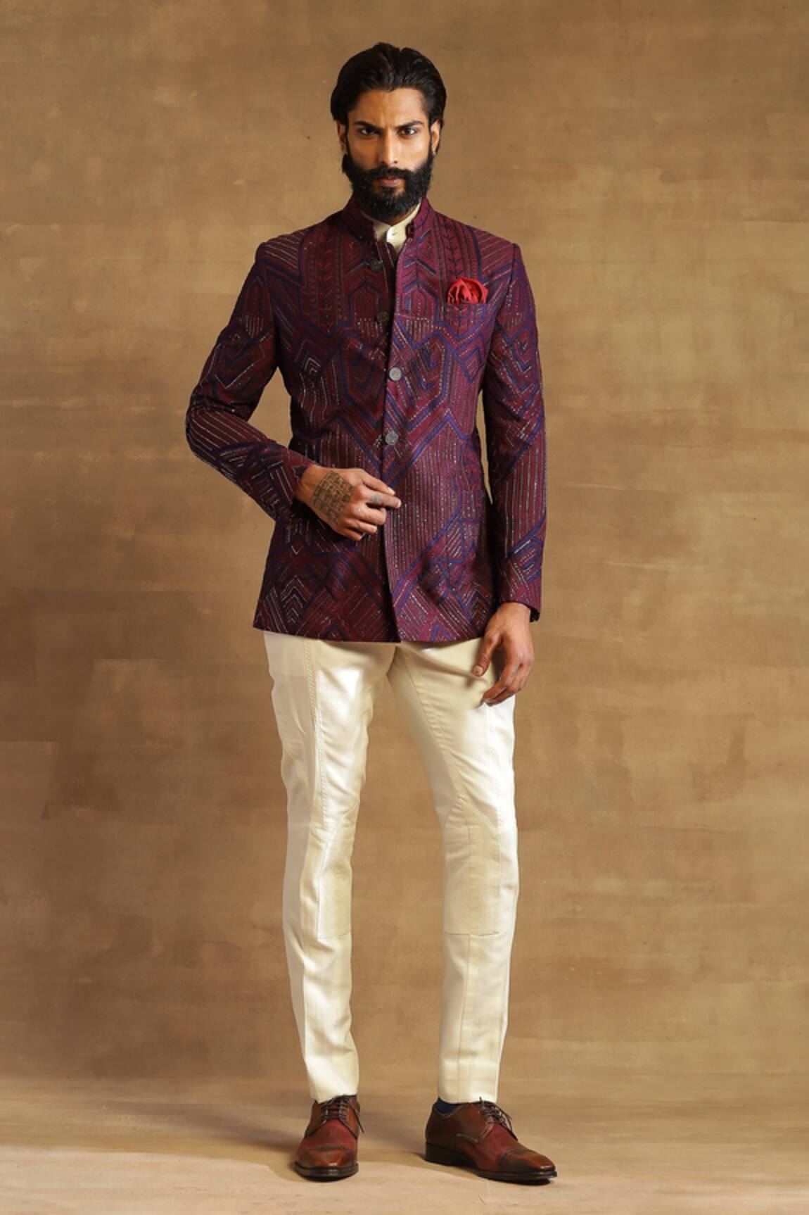 Raghavendra Rathore Jodhpur Raw Silk Geometric Pattern Bandhgala Jacket