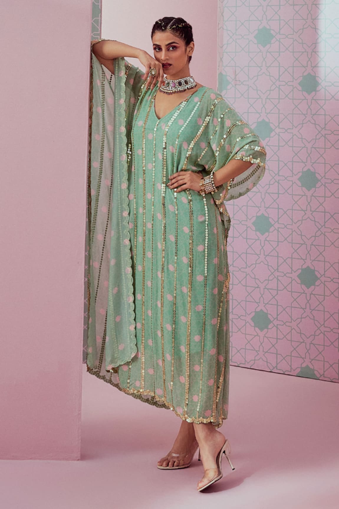 Krisha sunny Ramani Geometric Print & Embroidered Kaftan