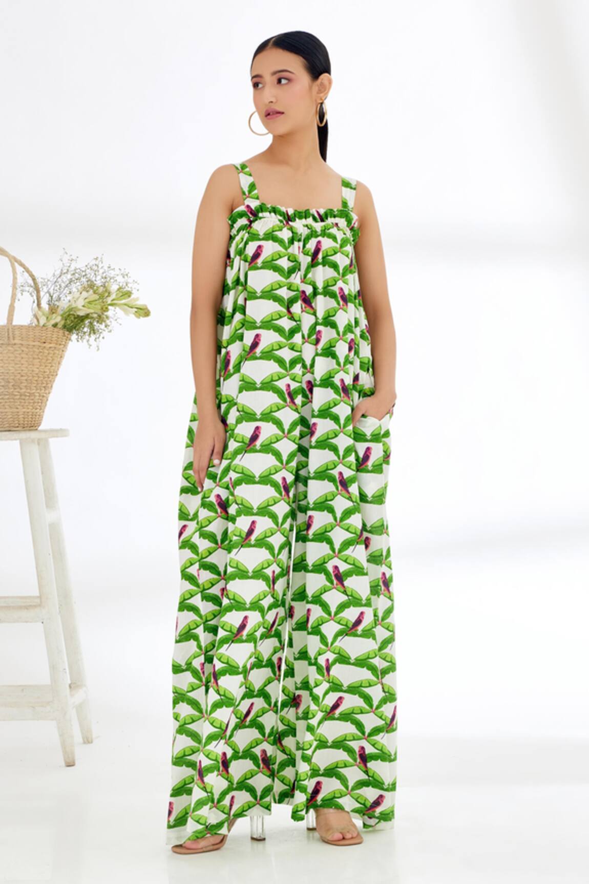 Nikasha Hand Painted Parakeet Print Jumpsuit
