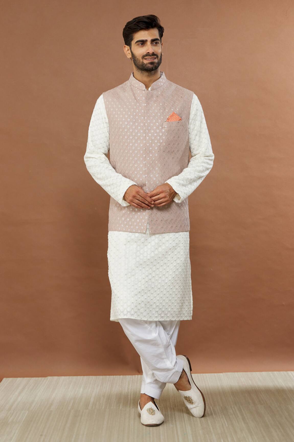 Aham-Vayam Beigeish Grey Geometric Embroidered Nehru Jacket 