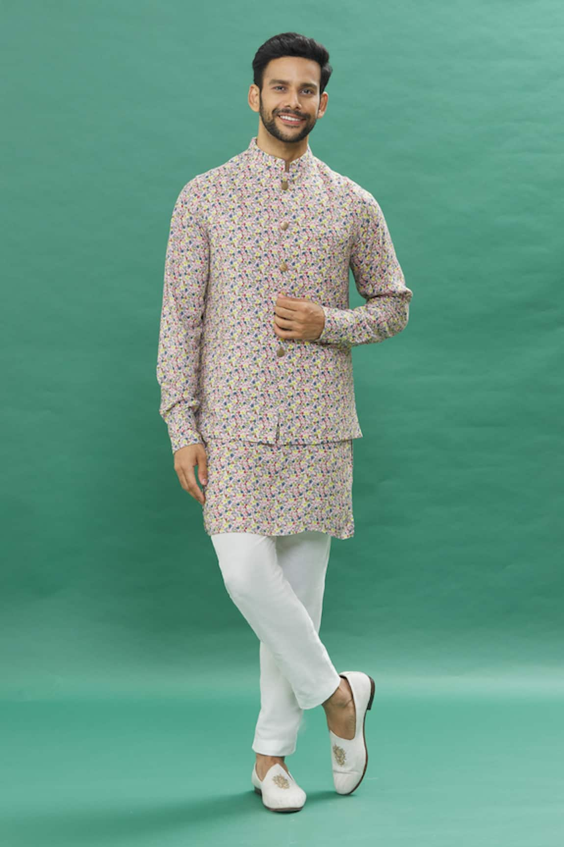 Spring Break Micro Floral Print Bundi Kurta Set