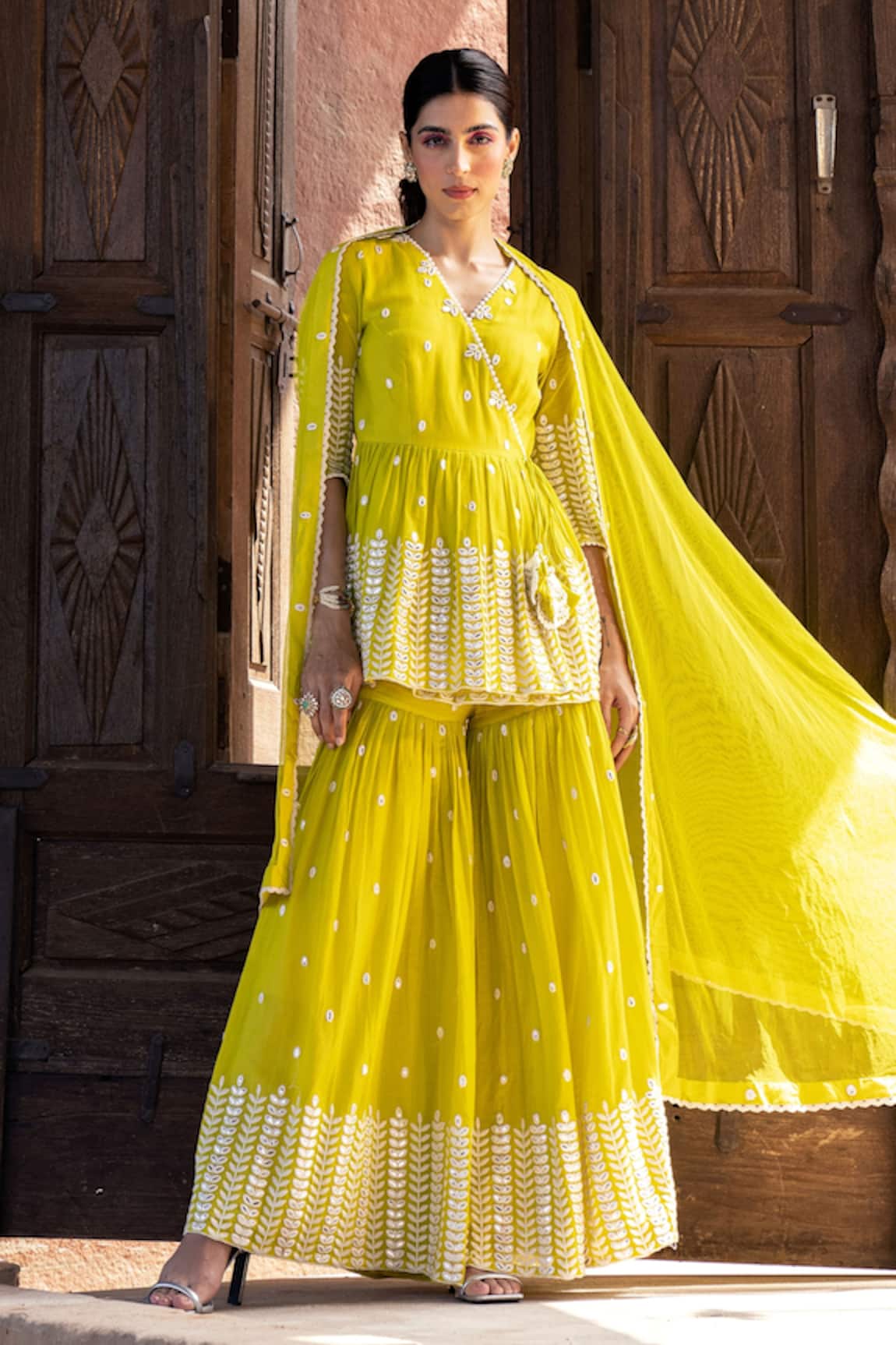 Preevin Leaf Pattern Peplum Angrakha Sharara Set