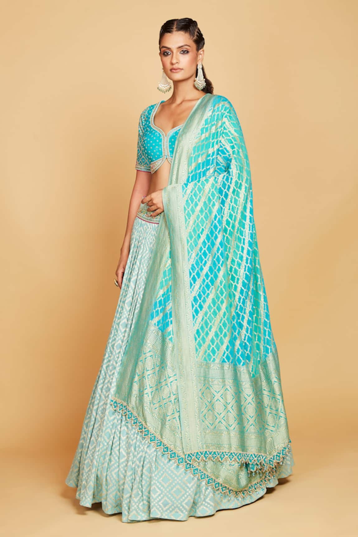 Amrin Khan Glass Pearls And Banarasi Lehenga Set 