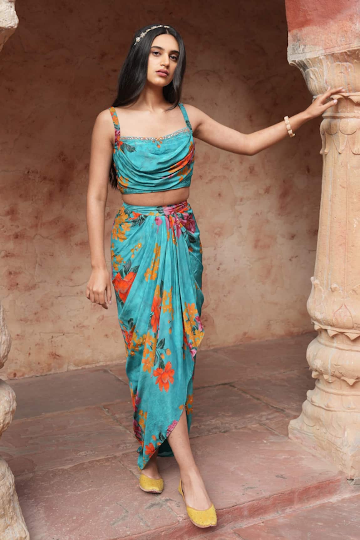 Ruhr India Printed Draped Skirt And Blouse Set
