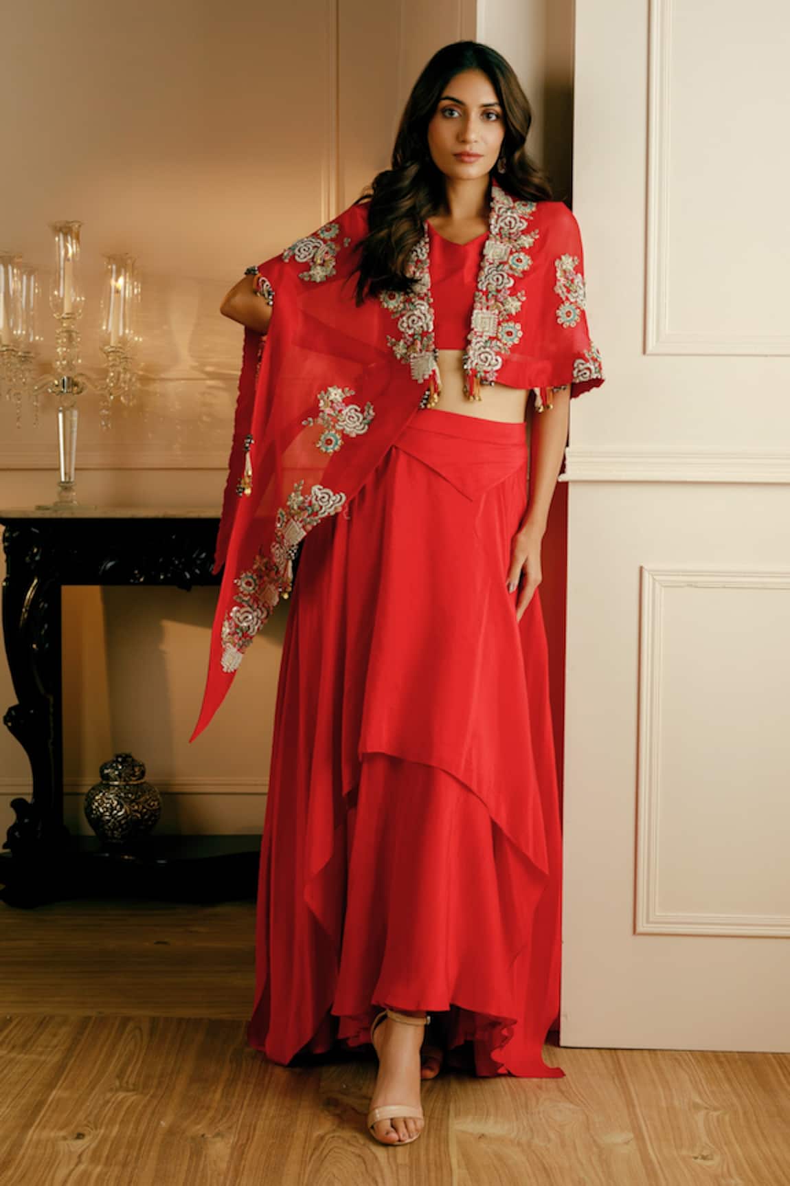 Nehha Nhata Hand Embroidered Cape With Layered Skirt Set