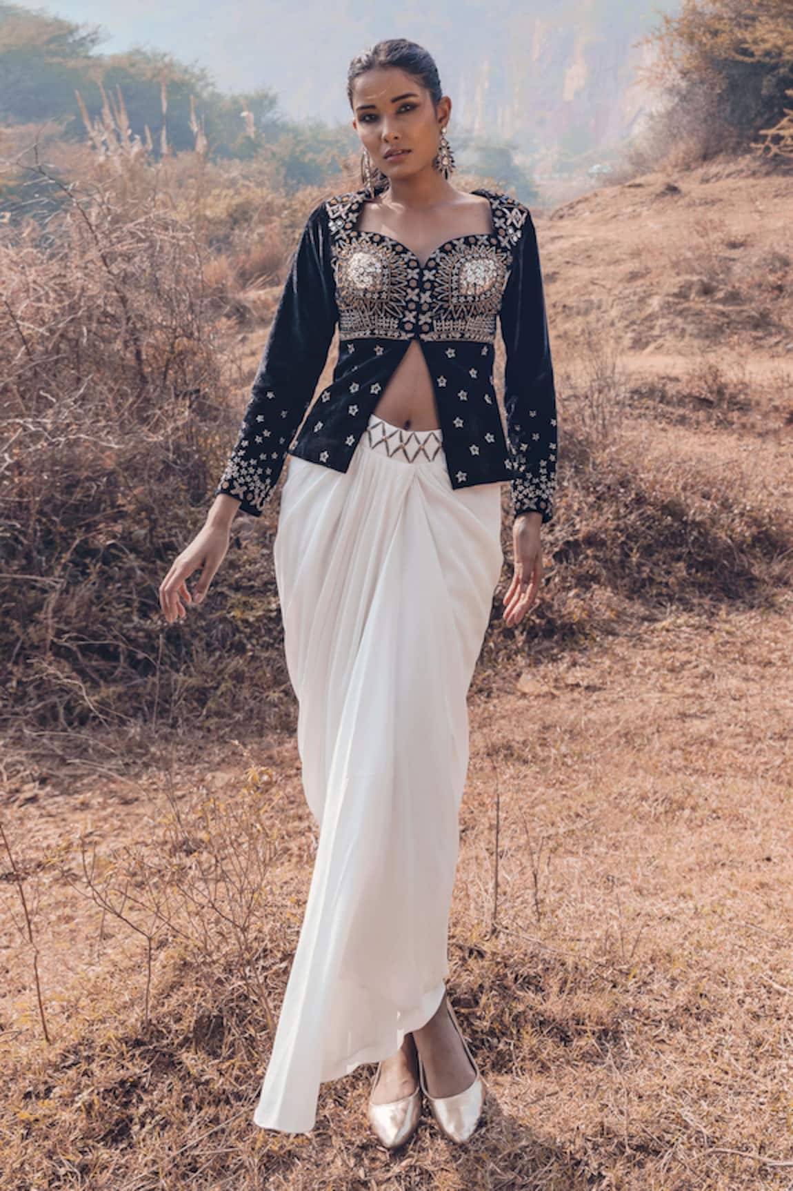 Kaprapan by Anaita Shah Velvet Embroidered Jacket & Draped Skirt Set