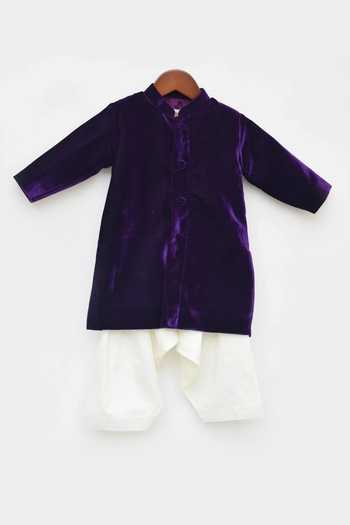 FAYON KIDS Velvet Full Sleeve Achkan & Pant Set 