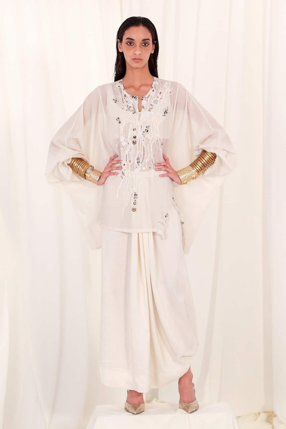 AK-OK Yoke Embroidered Silk Kurta Skirt Set