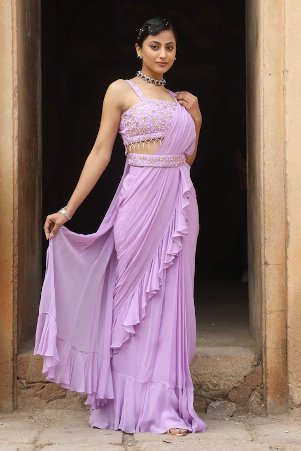 Nitisha Kashyap Official Lilac Pre-Draped Ruffle Saree Set 