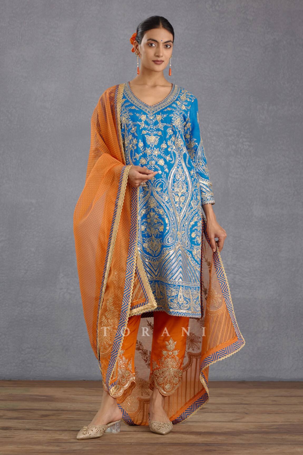 Torani Persian Blue & Orange Gota Patti Kurta Set