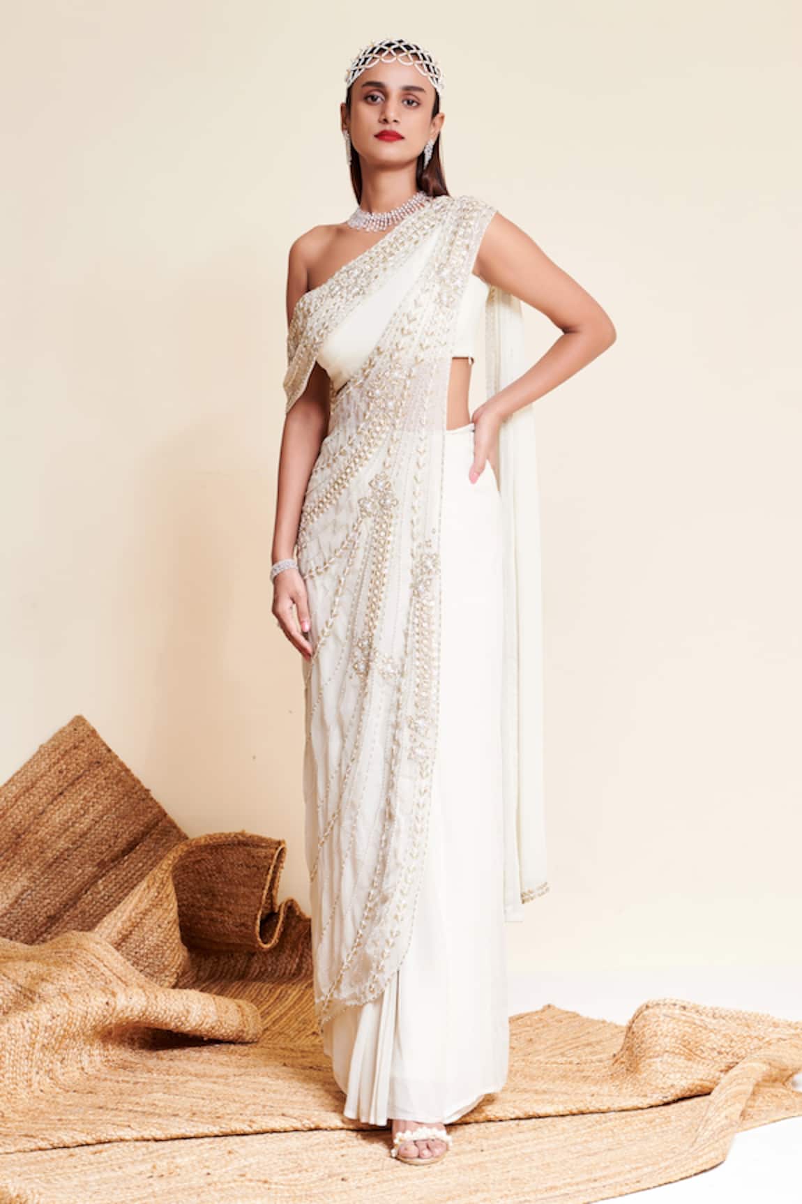 Reeti Arneja Dove Pre-Stitched Pearl Embroidered Saree Gown