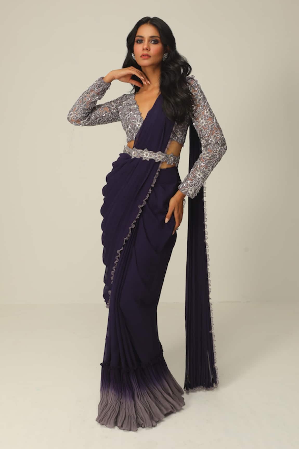 Rishi and Soujit Ombre Pre-Draped Saree With Embroidered Blouse