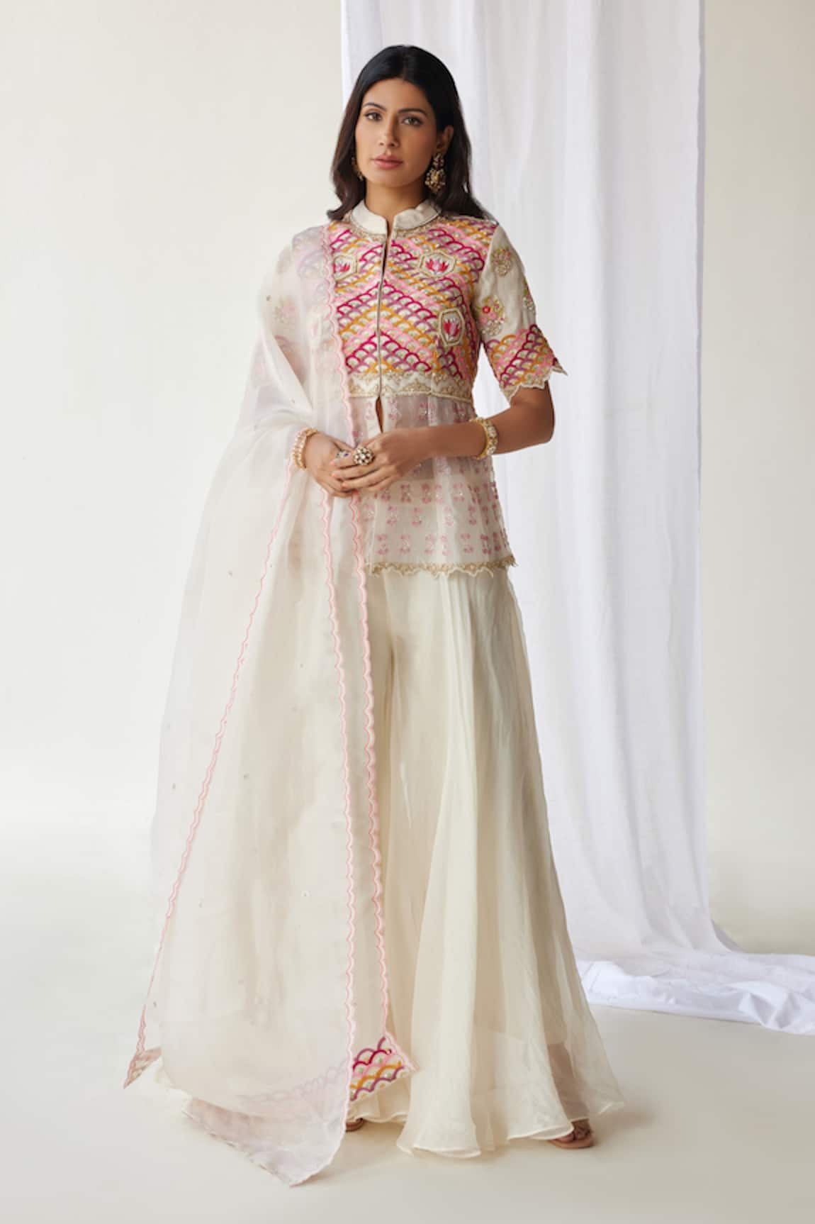 Koashee By Shubitaa Zardozi Embroidered Peplum Top Sharara Set 