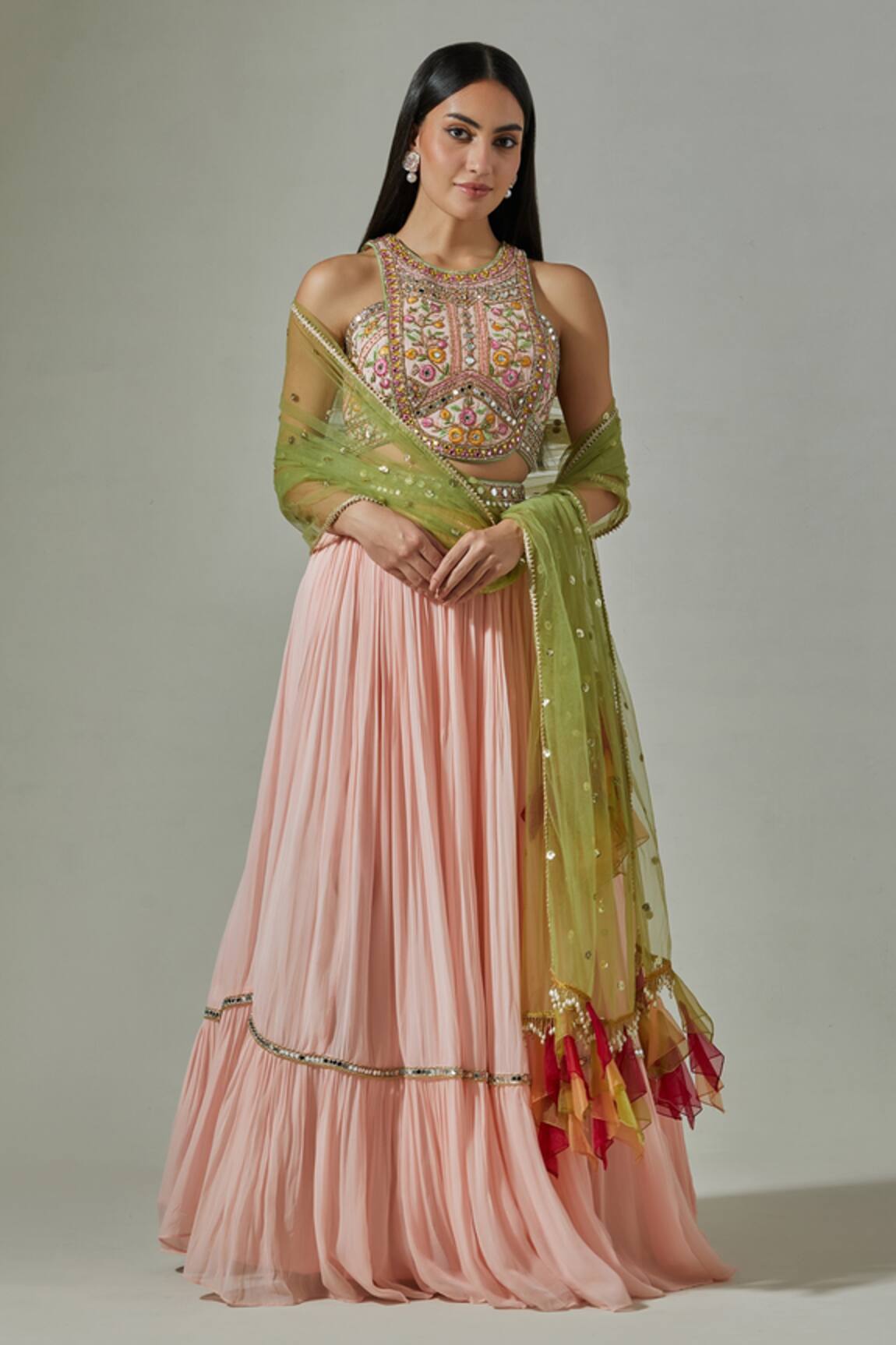Basanti - Kapde Aur Koffee Embroidered Blouse Lehenga Set