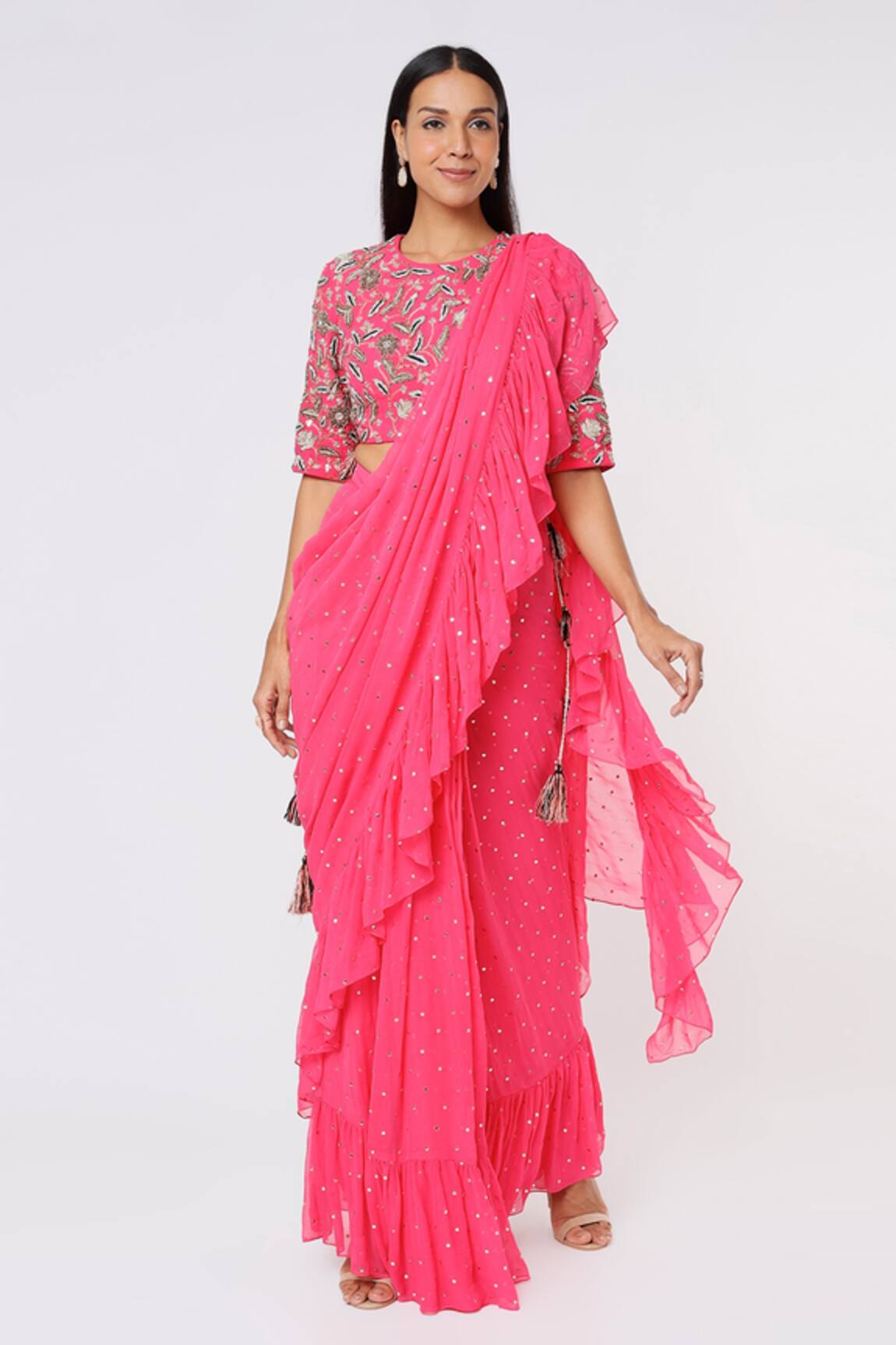 Payal Singhal Mukaish Work Pre-Stitched Frill Saree With Blouse 