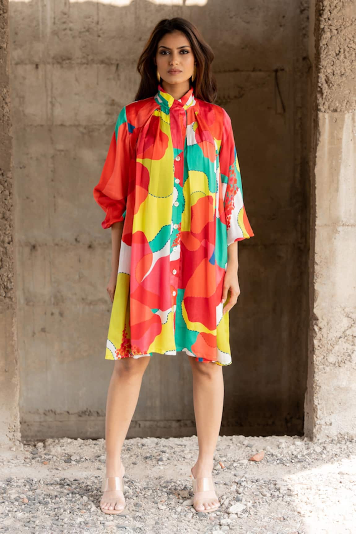 Pooja-Keyur Abstract Splash Print Button Dow Dress
