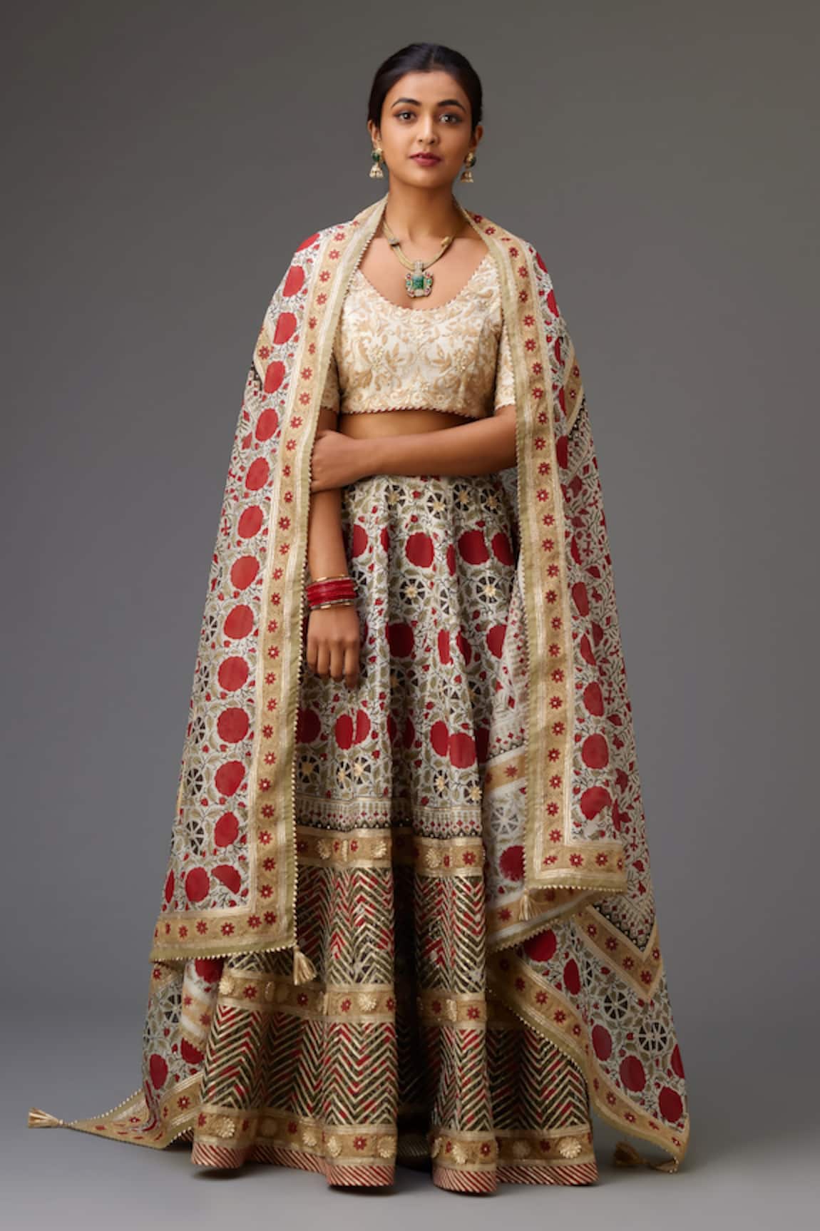 KORA Silk Chanderi Flower Hand Block Print Choli Lehenga Set 