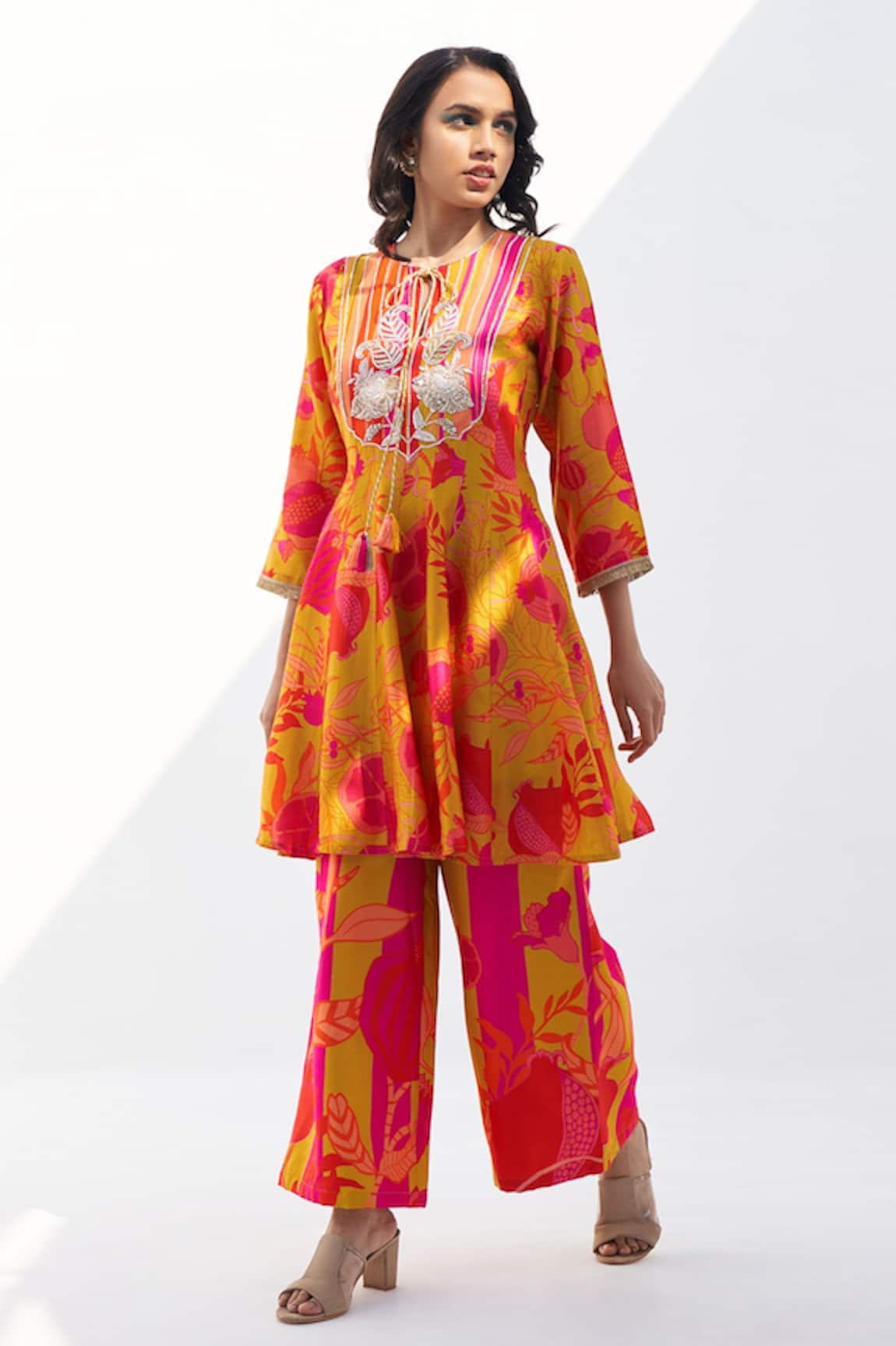 Archana Shah Lyssa Silk Pomo Pattern Kali Kurta & Pant Set